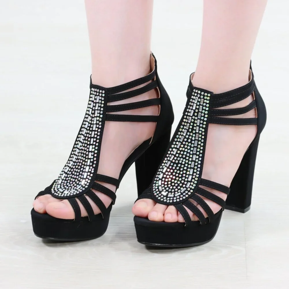 Black Rhinestone T-Strap Platform Sandals Women’s Block Heel Evening Party Shoes - Picture 9 of 15